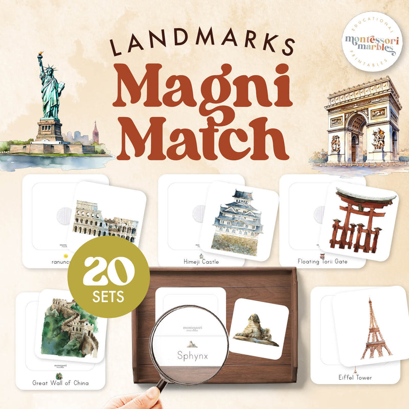 Landmark magnifying glass matching activity—geography observation with magnification