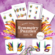 Mardi Gras symmetry two-piece puzzles with festive designs—cultural studies, ages 3-6