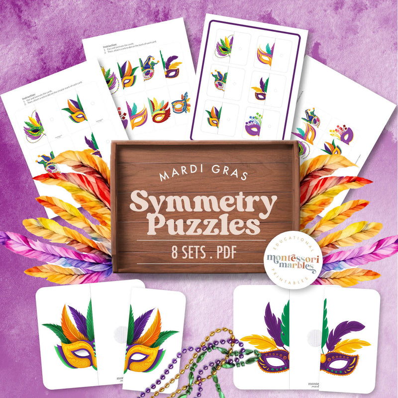 Mardi Gras symmetry two-piece puzzles with festive designs—cultural studies, ages 3-6