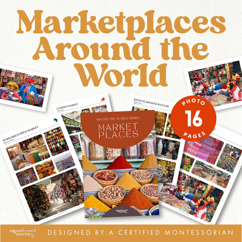 World marketplace photo collection for cultural geography study — ages 6-12