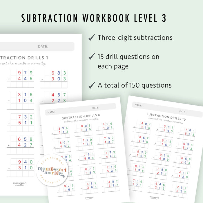 Montessori Subtraction Drills: Complete Workbook Bundle