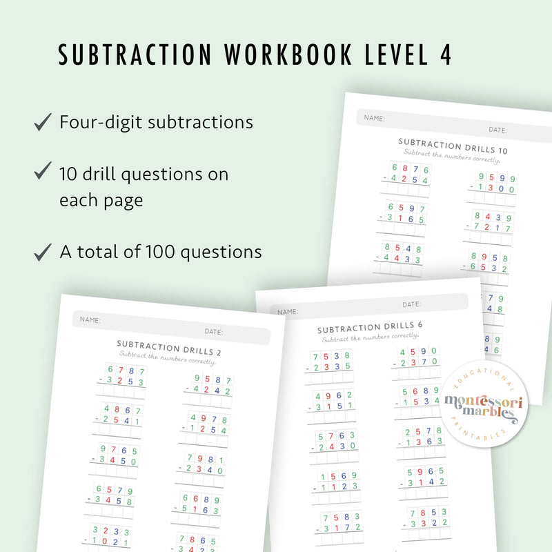Montessori Subtraction Drills: Complete Workbook Bundle
