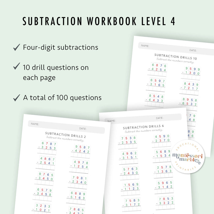Montessori Subtraction Drills: Complete Workbook Bundle