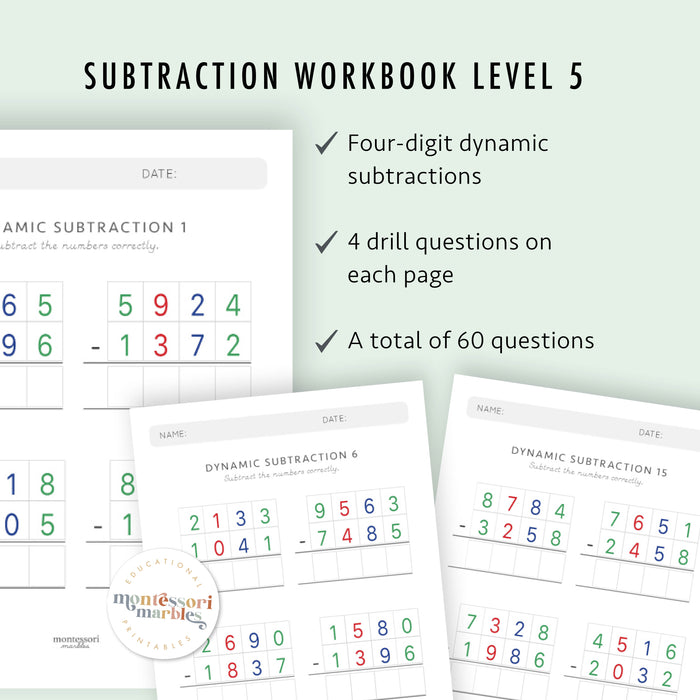 Montessori Subtraction Drills: Complete Workbook Bundle