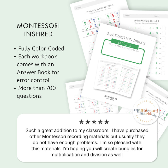 Montessori Subtraction Drills: Complete Workbook Bundle