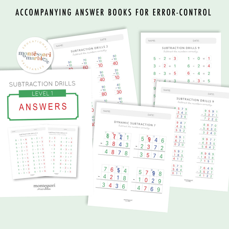 Montessori Subtraction Drills: Complete Workbook Bundle