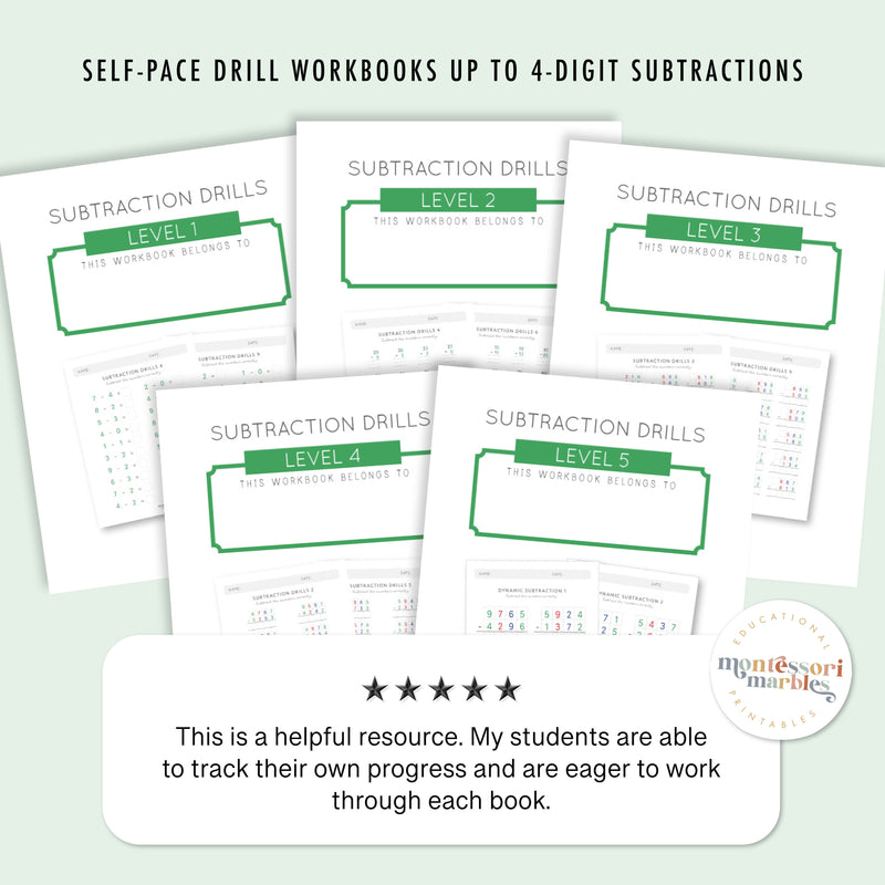 Montessori Subtraction Drills: Complete Workbook Bundle