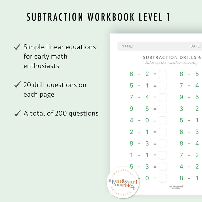 Montessori Subtraction Drills: Complete Workbook Bundle