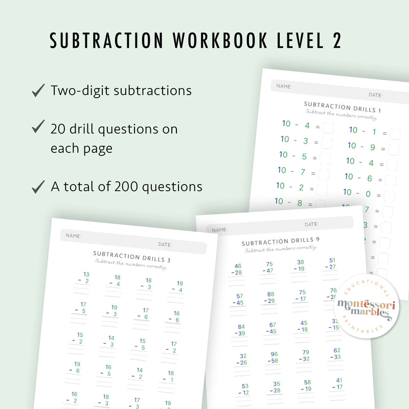 Montessori Subtraction Drills: Complete Workbook Bundle