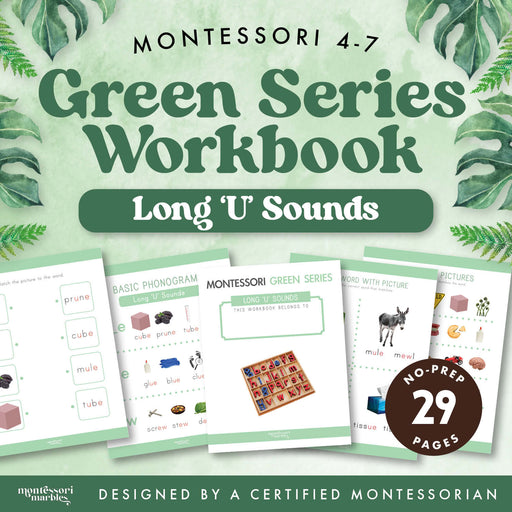 Green Series workbook for long U vowel sound practice — ages 3-6