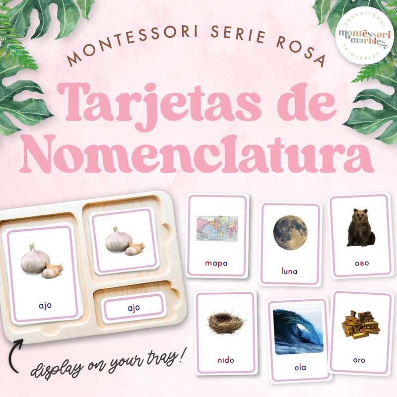 Spanish Montessori Pink Series nomenclature cards for language learning