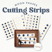 Moon phases cutting strips for fine motor & scissor skills practice—space science, ages 3-6