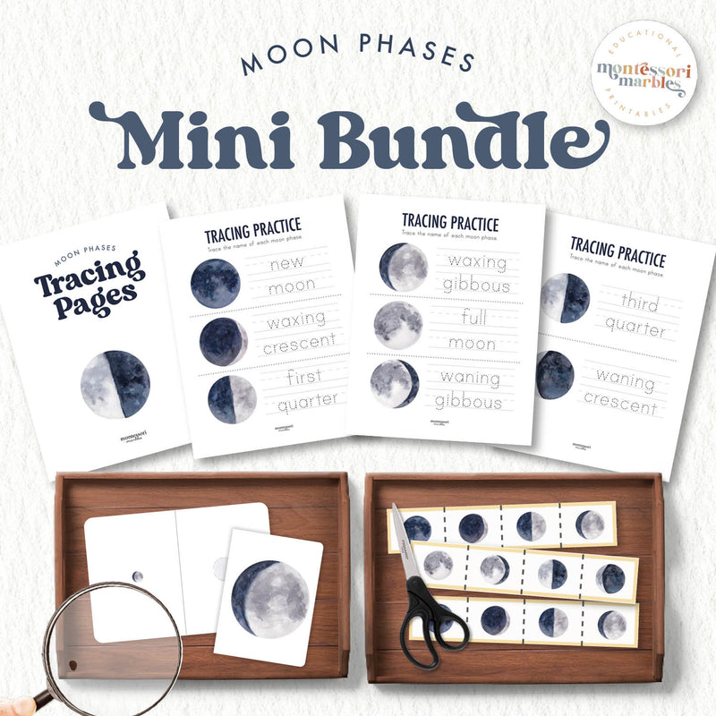Moon phases astronomy bundle with science and vocabulary activities — ages 3-6