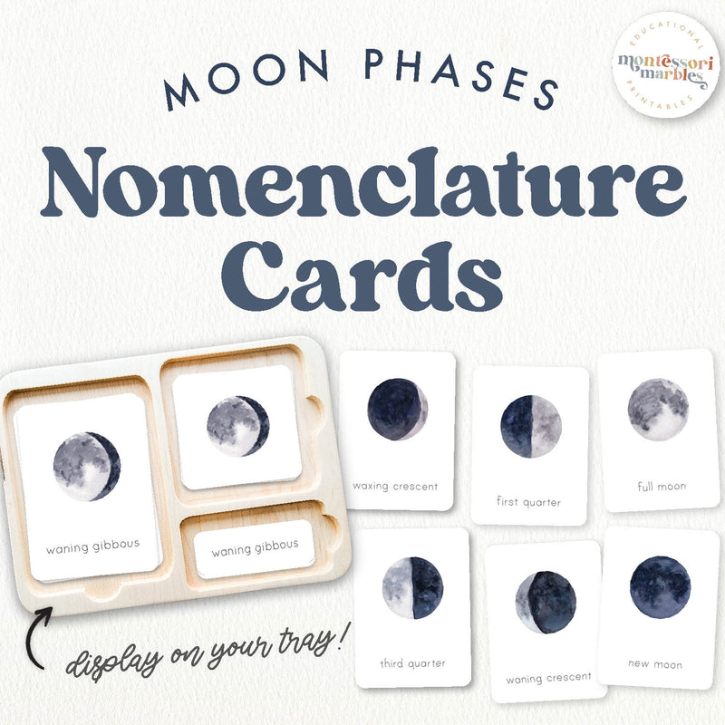 Moon phases nomenclature cards with labeled diagrams—astronomy vocabulary, ages 3-6