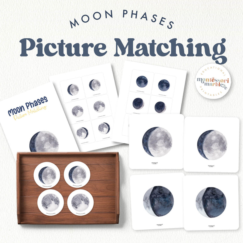 Moon phases picture cards for matching and memory games—space exploration and recall