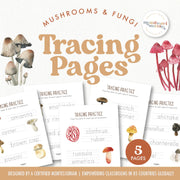 Mushroom tracing pages for handwriting practice during fall season