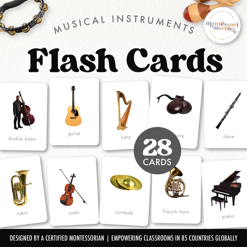 Musical instruments flash cards for arts learning
