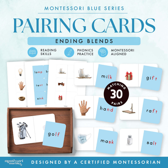 Montessori Blue Series ending blends pairing cards with real photo images and phonetic word cards on a wooden tray
