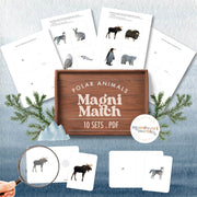 Polar animals magnifying glass matching — find arctic creatures using visual clues, ages 3-6