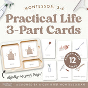 Practical life tools 3-part nomenclature cards for vocabulary — ages 3-6