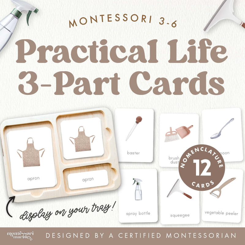 Practical life tools 3-part nomenclature cards for vocabulary — ages 3-6
