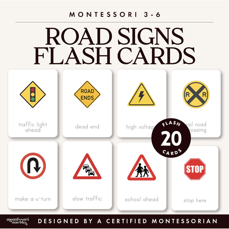 Road safety signs flash cards for vocabulary and pedestrian awareness — ages 3-6
