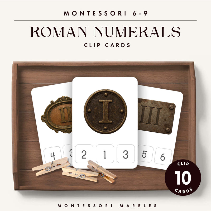 Roman numeral notation clip cards for elementary math practice — ages 6-9
