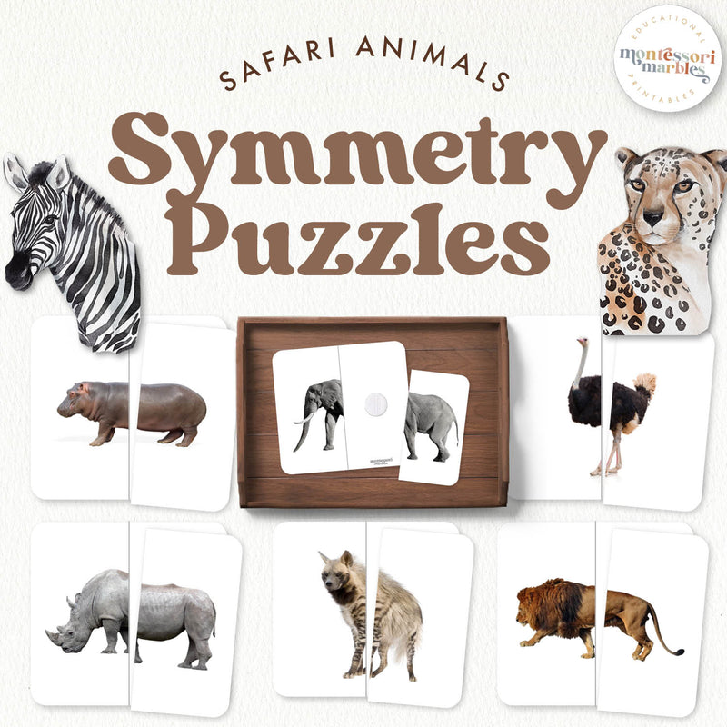 Safari animal symmetry puzzles for visual skills — ages 3-6