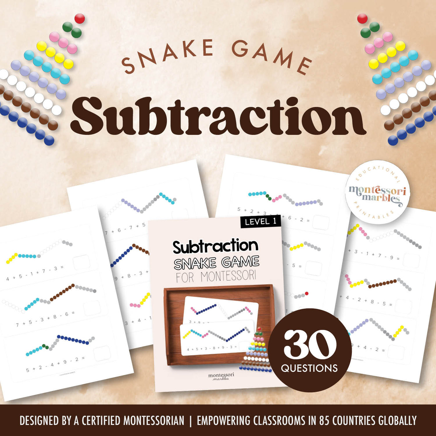 Snake Game Subtraction Workbook | Montessori Bead Bar Math Ages 5-8 ...