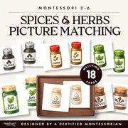 Watercolor spice and herb jar picture matching cards for Montessori toddlers