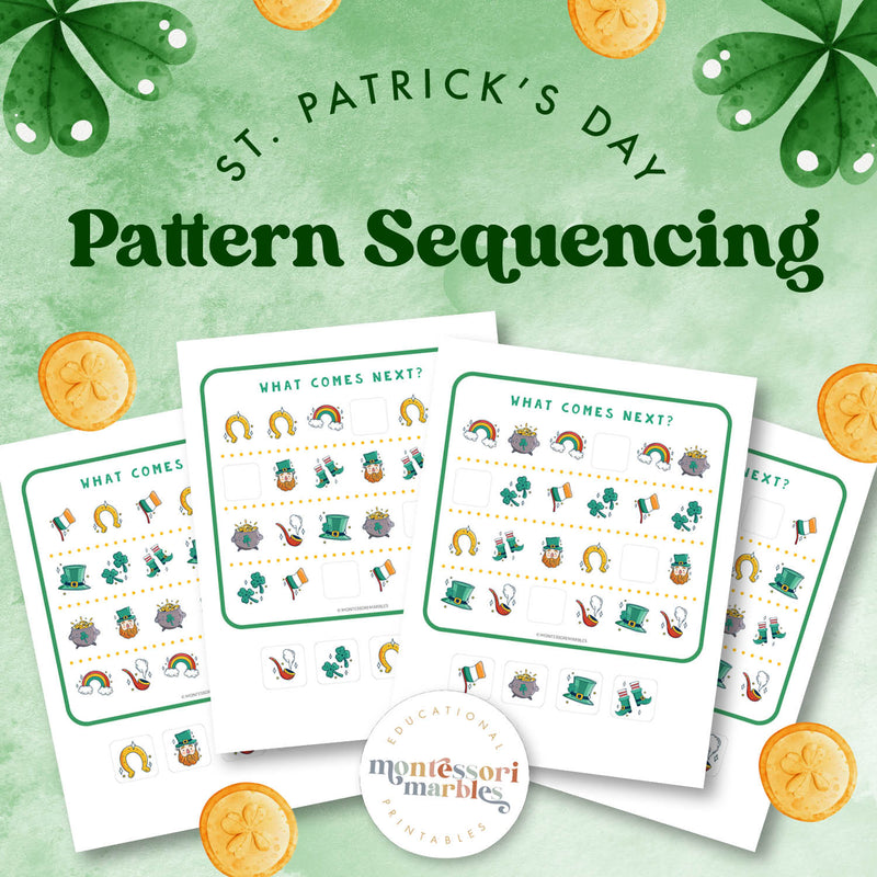 St. Patrick's Day complete-the-pattern — continue pattern sequences with Irish designs, ages 3-6