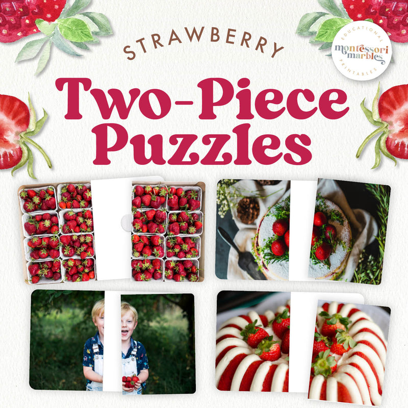 Strawberry completion puzzles with real photos—fruit gardening and fine motor, ages 3-6