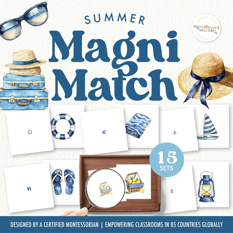 Summer magnifying glass matching activity for seasonal objects — ages 3-6