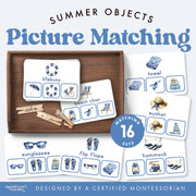 Summer beach scene clip cards for visual matching practice — ages 3-6
