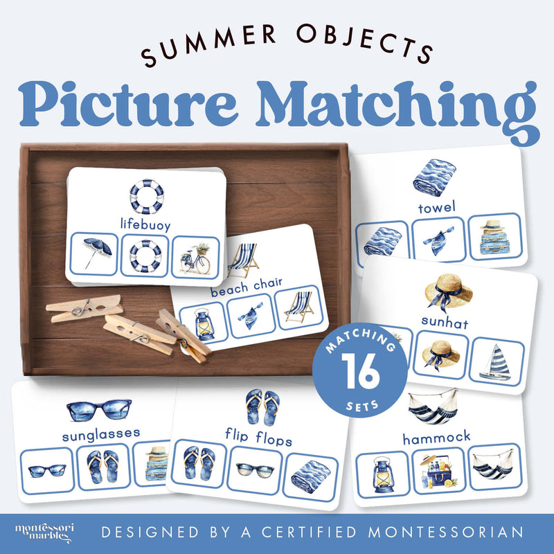 Summer beach scene clip cards for visual matching practice — ages 3-6