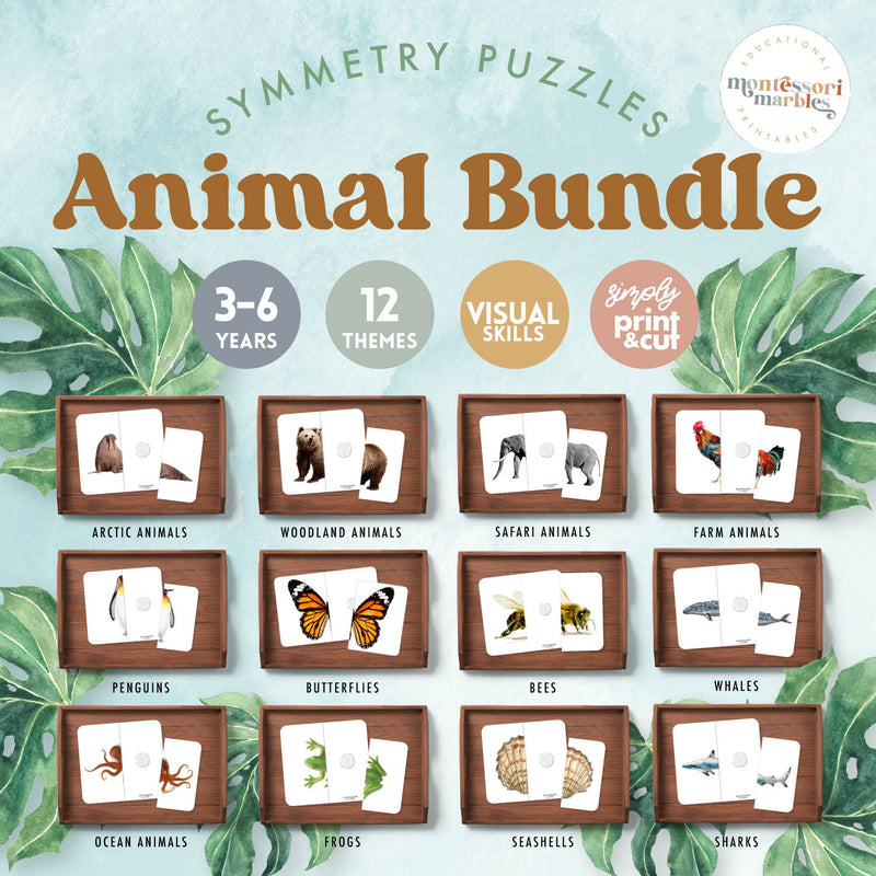 Symmetry puzzle collection featuring diverse animals