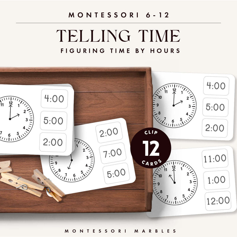 Clock face clip cards for learning to tell time by the hour — ages 3-6