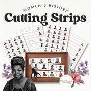 Women's History Month cutting strips — scissor practice celebrating influential women, ages 3-6