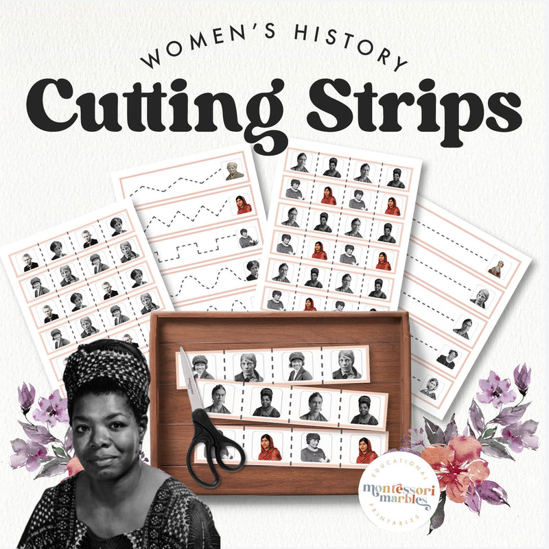 Women's History Month cutting strips — scissor practice celebrating influential women, ages 3-6