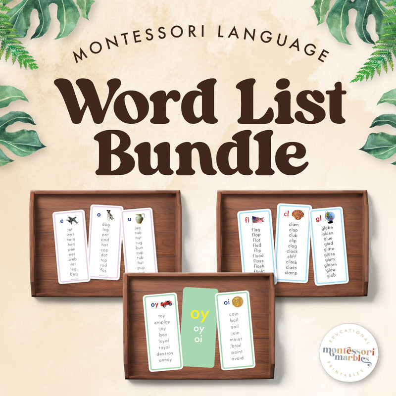 Montessori language word list bundle for Pink, Blue, Green series — ages 3-6