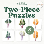 Tree symmetry puzzles — two-piece matching with botanical designs