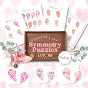 Valentine's Day symmetry puzzles — heart-shaped two-piece matching for visual discrimination