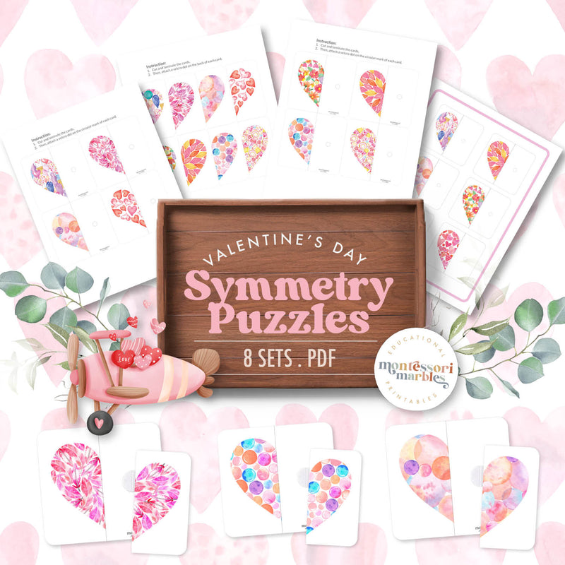 Valentine's Day symmetry puzzles — heart-shaped two-piece matching for visual discrimination