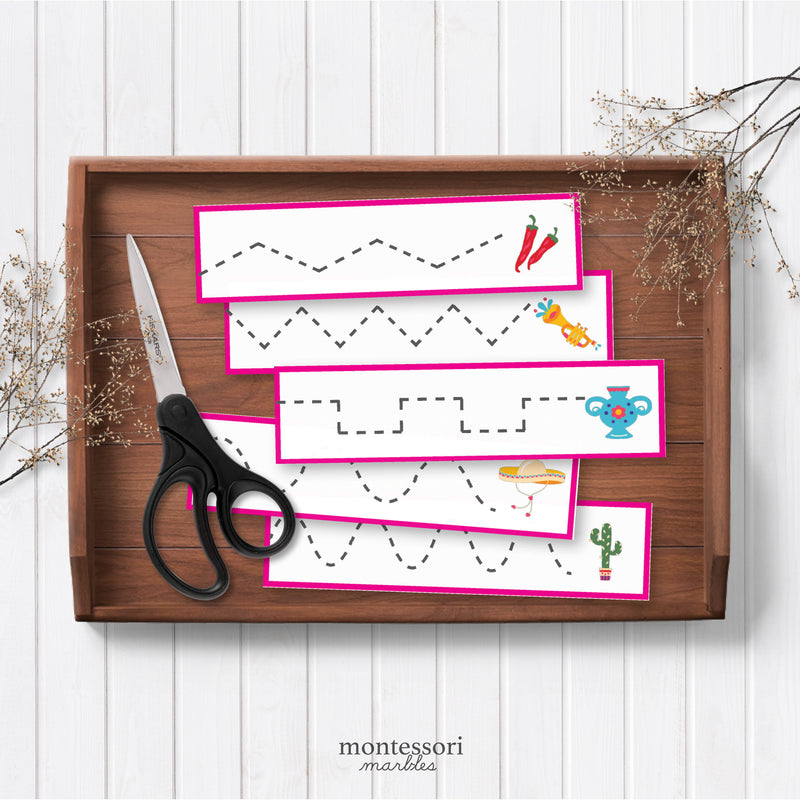 Hispanic Heritage Month cutting strips for scissor skills — ages 3-6