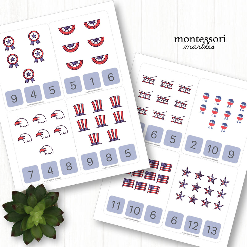 U.S. patriotic clip cards for counting and recognition