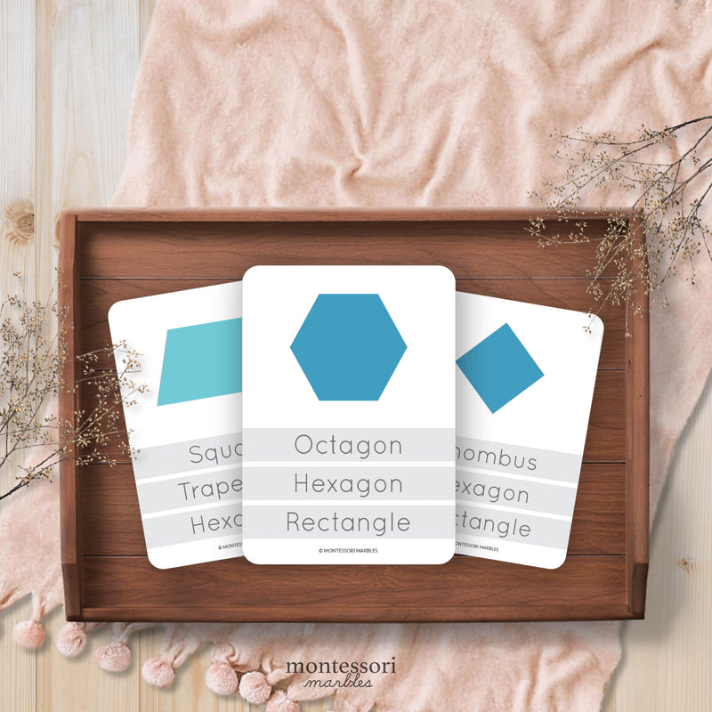 Geometric shapes quiz cards for knowledge assessment—math skill review and practice
