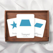 Geometric shapes flash cards with cursive labels—handwriting and vocabulary practice