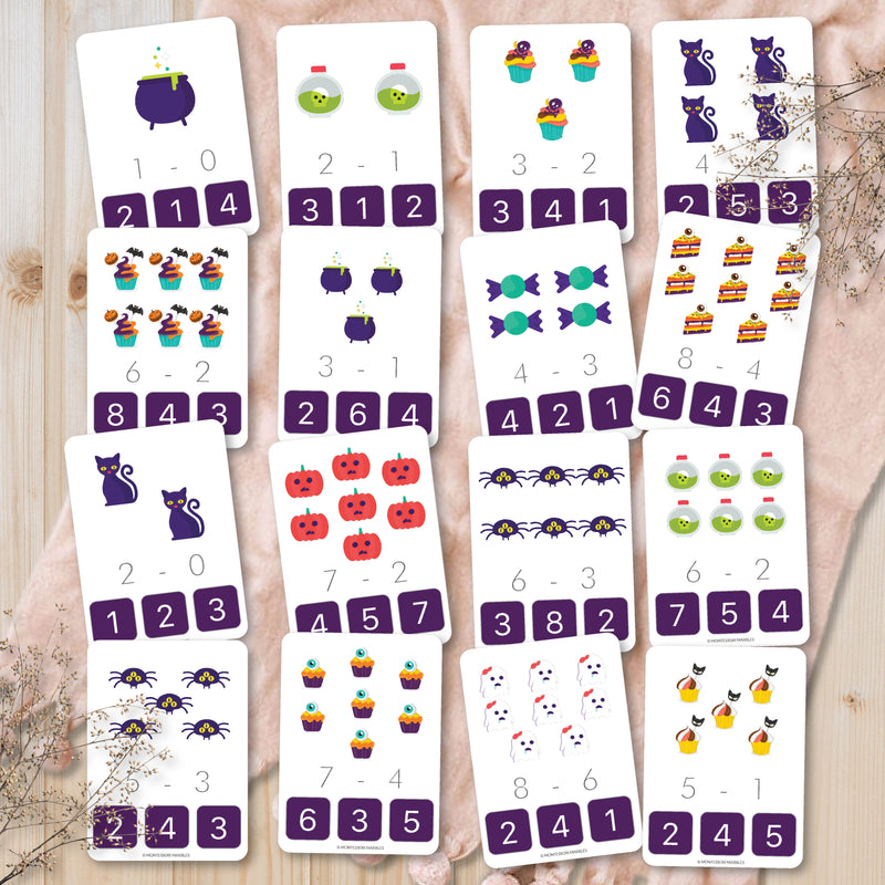 Halloween subtraction clip cards for elementary math practice