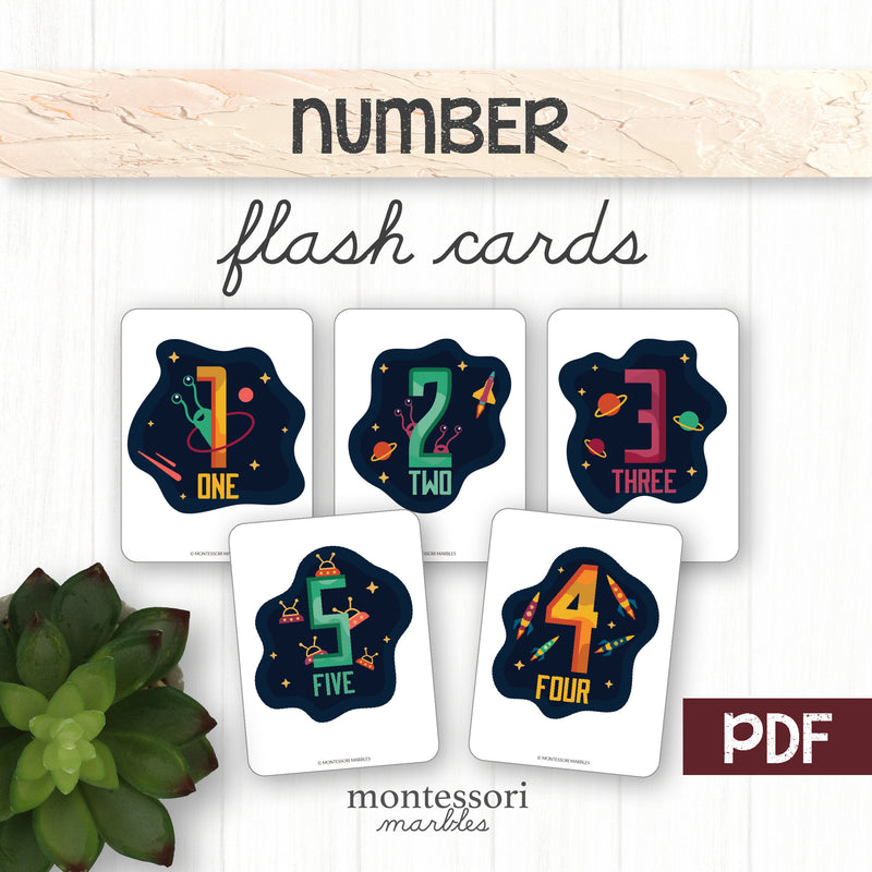 Outer space number cards for counting and numeral recognition