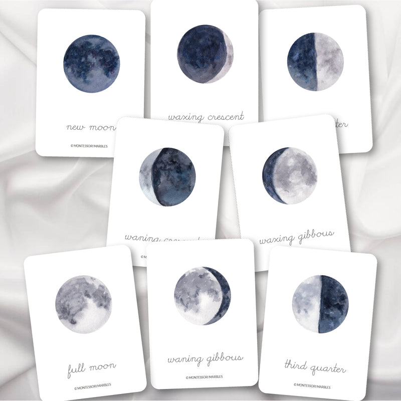 Moon phases flash cards with cursive handwriting labels—space vocabulary practice